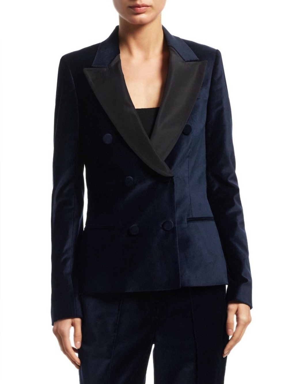 A.L.C. Navy Blue Velvet 4-Button Double-Breasted Blazer Satin Peak Lapel Sz 0